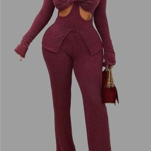 Elegant Ribbed Knit Jumpsuit in Burgundy